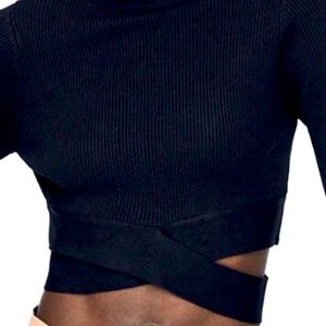 ZARA CROPPED HALF SLEEVE BLACK RIBBED CUTOUT STRETCHY TOP